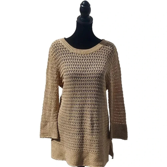 Chicos Light Brown/Gold Glittered Open Knit Sweater Size 1 - Picture 1 of 9